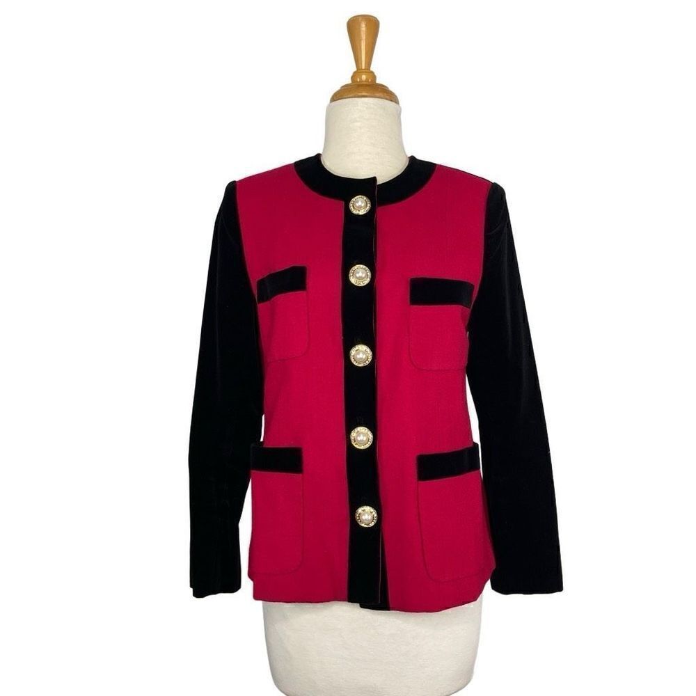 Zeepha Couture M L Red Black Blazer Jacket 80s Vintage Velvet Pearl Evening Bold